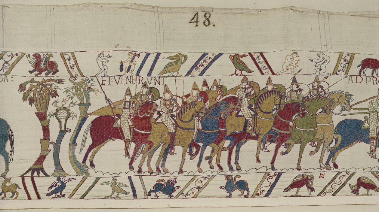 Normanniske soldater forlater Hastings for å kjempe med Harold, Bayeux Tapestry (ullbroderi på lin) av Unbekannt