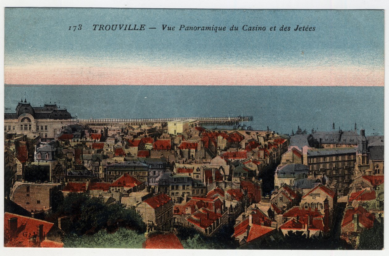 Normandie, Calvados (14), Trouville: panoramautsikt over kasinoet og bryggene - Postkort sent på 1800- og 1900-tallet av William M. Timlin
