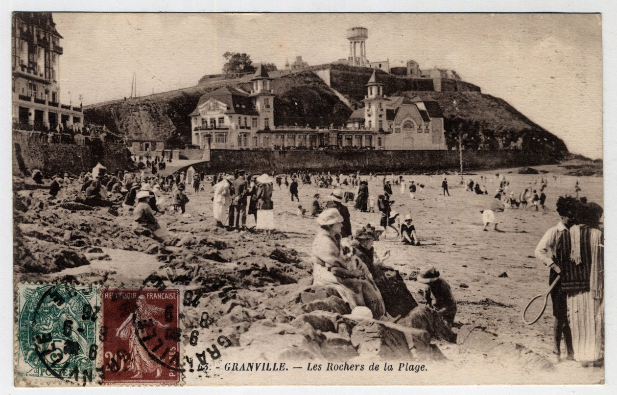 Normandie, Manche (50), Granville: klippene på stranden - Postkort datert 1926 av William M. Timlin