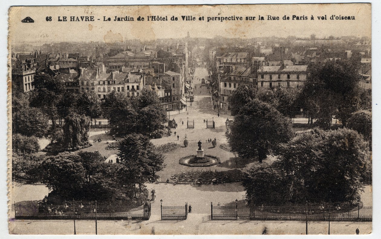 Normandie, Seine Maritime (76), Le Havre: hagen til rådhuset og perspektiv på rue de Paris - Postkort sent på 1800- og 1900-tallet av William M. Timlin
