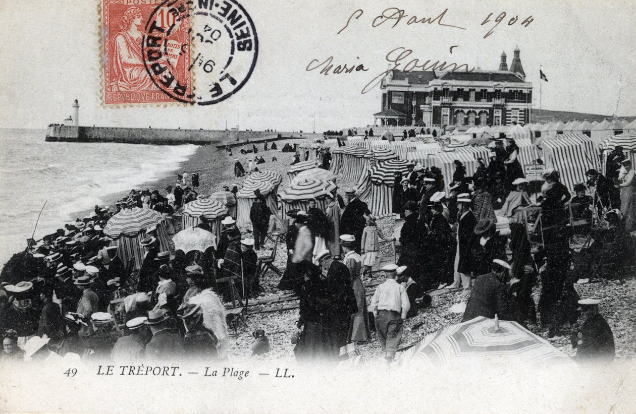 Normandie, Seine Maritime (76), Treport: mengden av feriegjester på stranden og kasinoet i bakgrunnen - Postkort datert 1904 av William M. Timlin