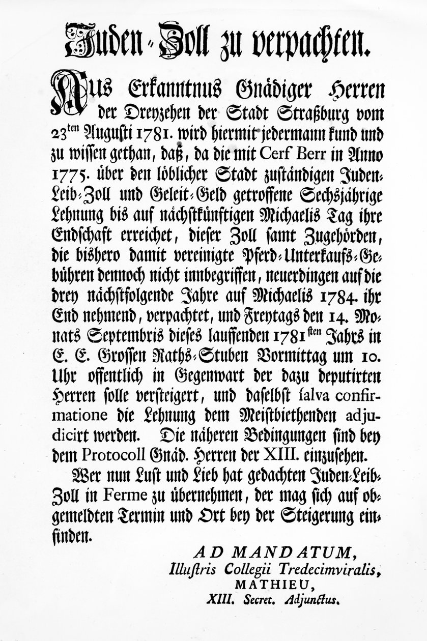 Melding fra Strasbourgs styrende organ for de tretten (Tredecim Viri) om en offentlig auksjon over retten til å kreve "Juden Zoll" i 3 år av Unbekannt