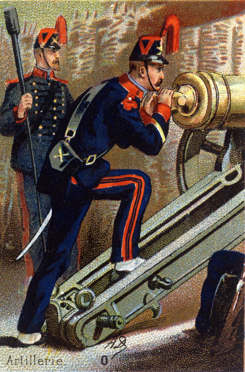 O: Artilleri. Gravering i "Militæralfabetet" . Illustratorens initialer: AD Ukjent utgiver. Kromolitografier sent på 1800-tallet. Mål: 10,5x7 cm. av Unbekannt