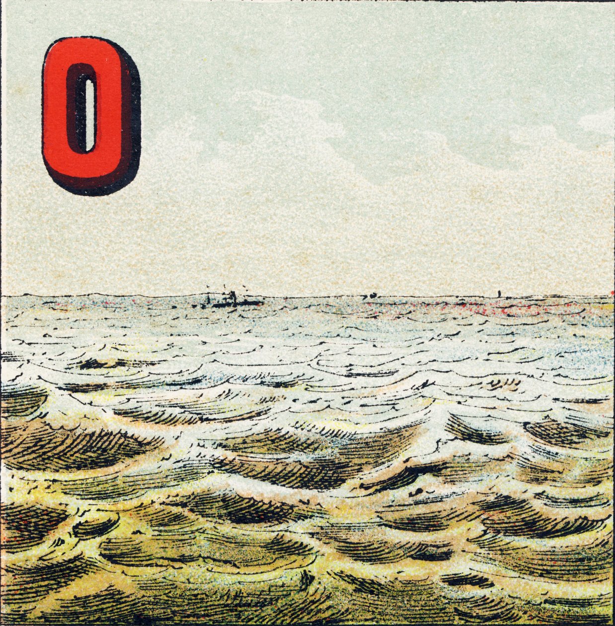 O: Havet. Umålelig vannvidde som omgir jorden. Havvann er salt; mannen kan ikke drikke det - Gravering hentet fra Geographical Alphabet. Guerin-Muller et Cie, forlag, Paris av Unbekannt