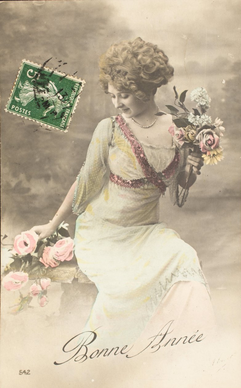 Gammelt postkort/Godt år/Wish/Woman Belle Epoque av William M. Timlin