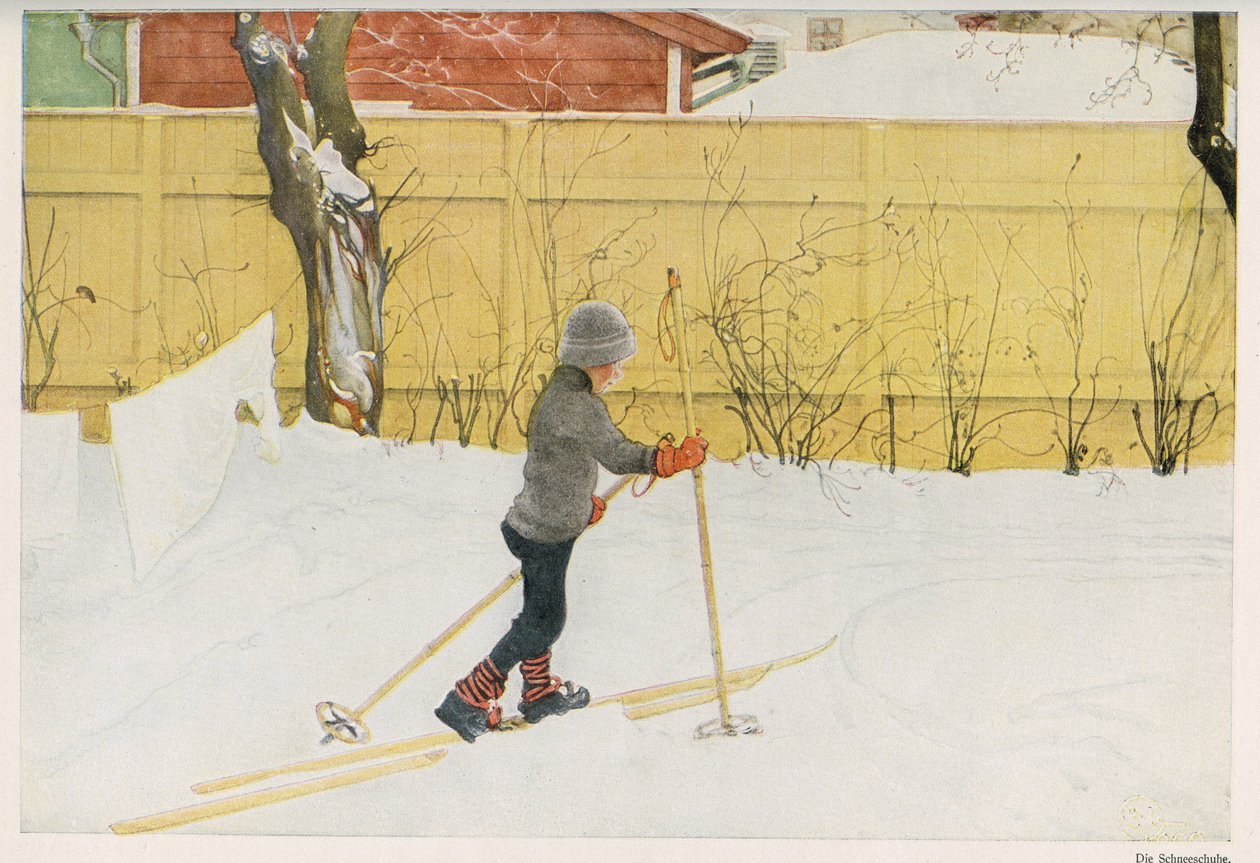 Et av barna til den svenske illustratøren Carl Larsson (1853-1919) som lærte å bevege seg på ski. Tegning fra "" Das haus in der sonne"" 1921 av Unbekannt