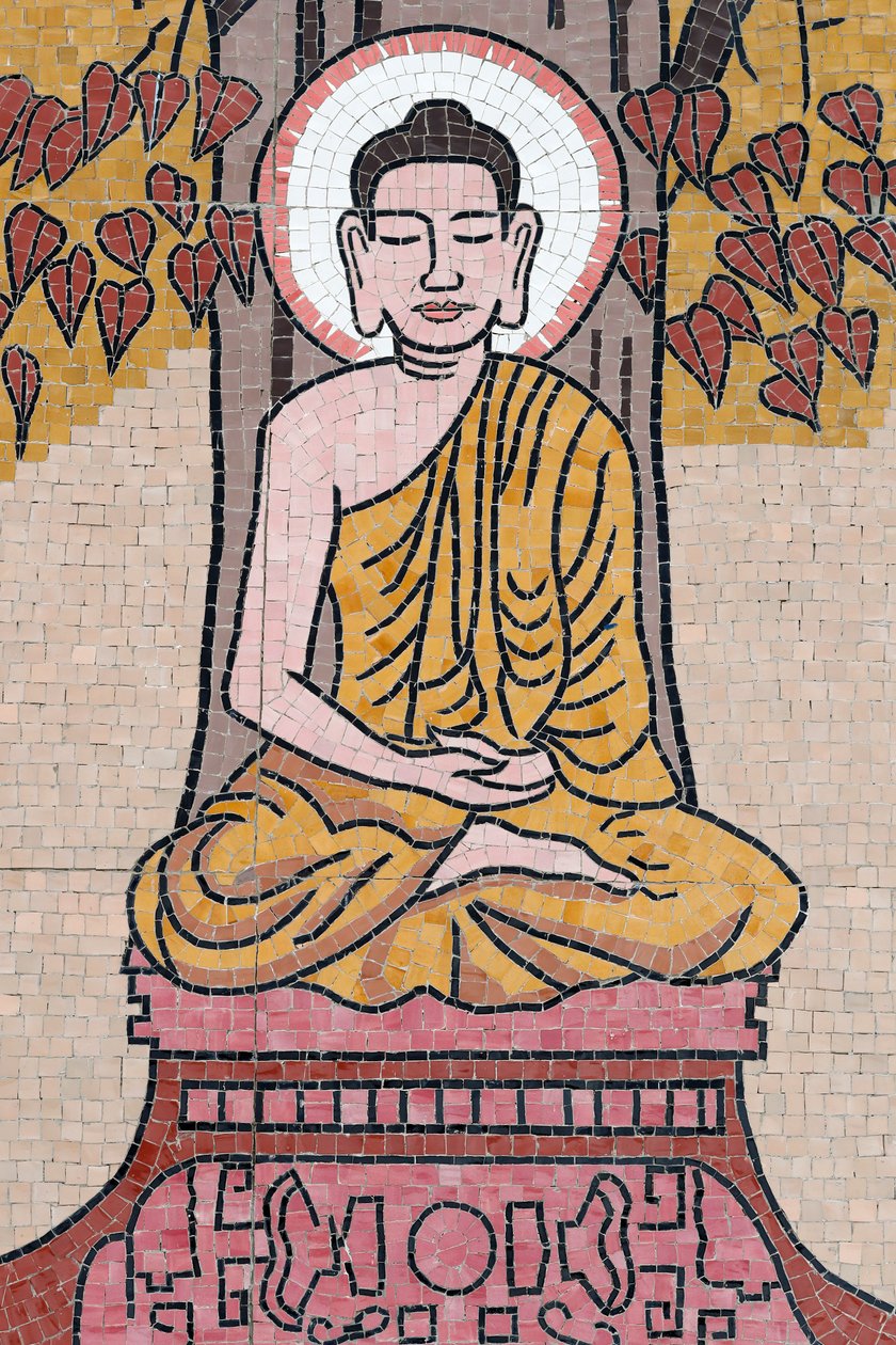 Ong Nui buddhistpagode, veggfreskomaleri, Buddhas liv, Shakyamuni Buddha som sitter i meditasjonsstillingen under Bodhi-treet, Quy Nhon, Vietnam, 2019 (bilde) av Unbekannt