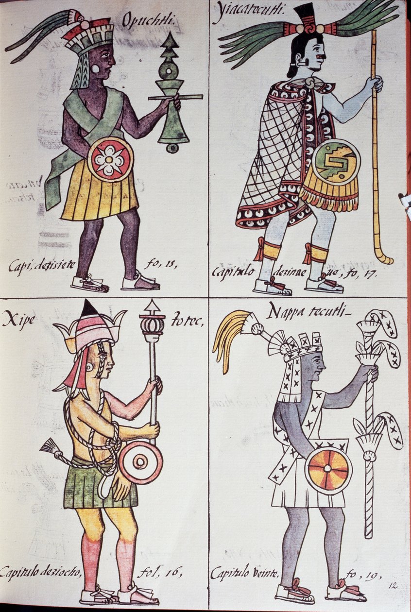 Opochtli, Xipe Totec, Yacatecuhtli og Nappatectli, Side fra Florentine Codex, General History of the Things of New Spain, Aztec av Benjamin Baud