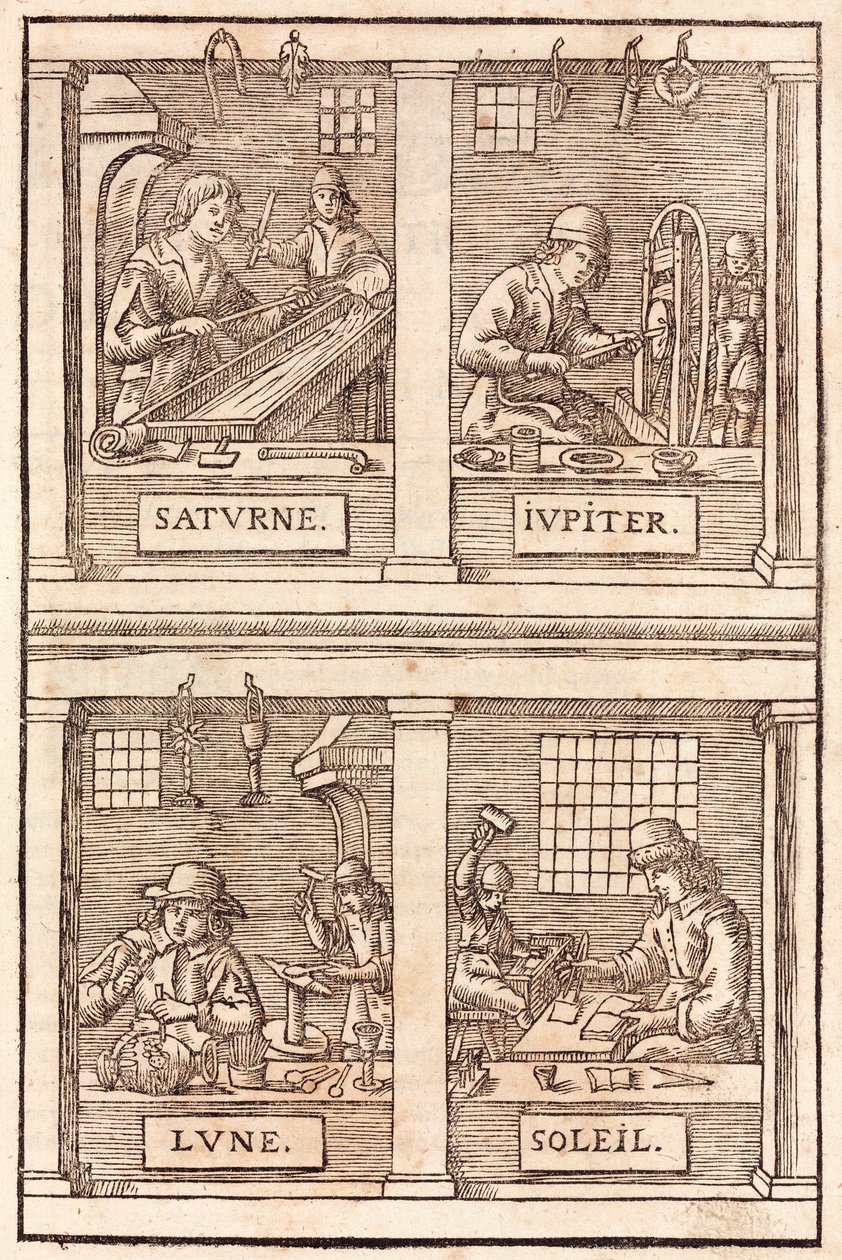 Gullsmed og alkymistiske symboler: Saturn og bly, Jupiter og tinn, Måne og sølv, Sol og gull - Gullsmeder og sølvsmeder Alkymistisk symbolikk av Unbekannt