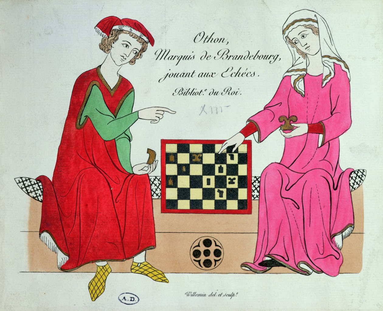 Otto IV, markis av Brandenburg, spiller sjakk med en dame, illustrasjon fra en faksimile av Manesse Codex eller Grosse Heidelberger Liederhandschrift, laget i Zuerich ca. 1305-40 (farge litho) av Unbekannt