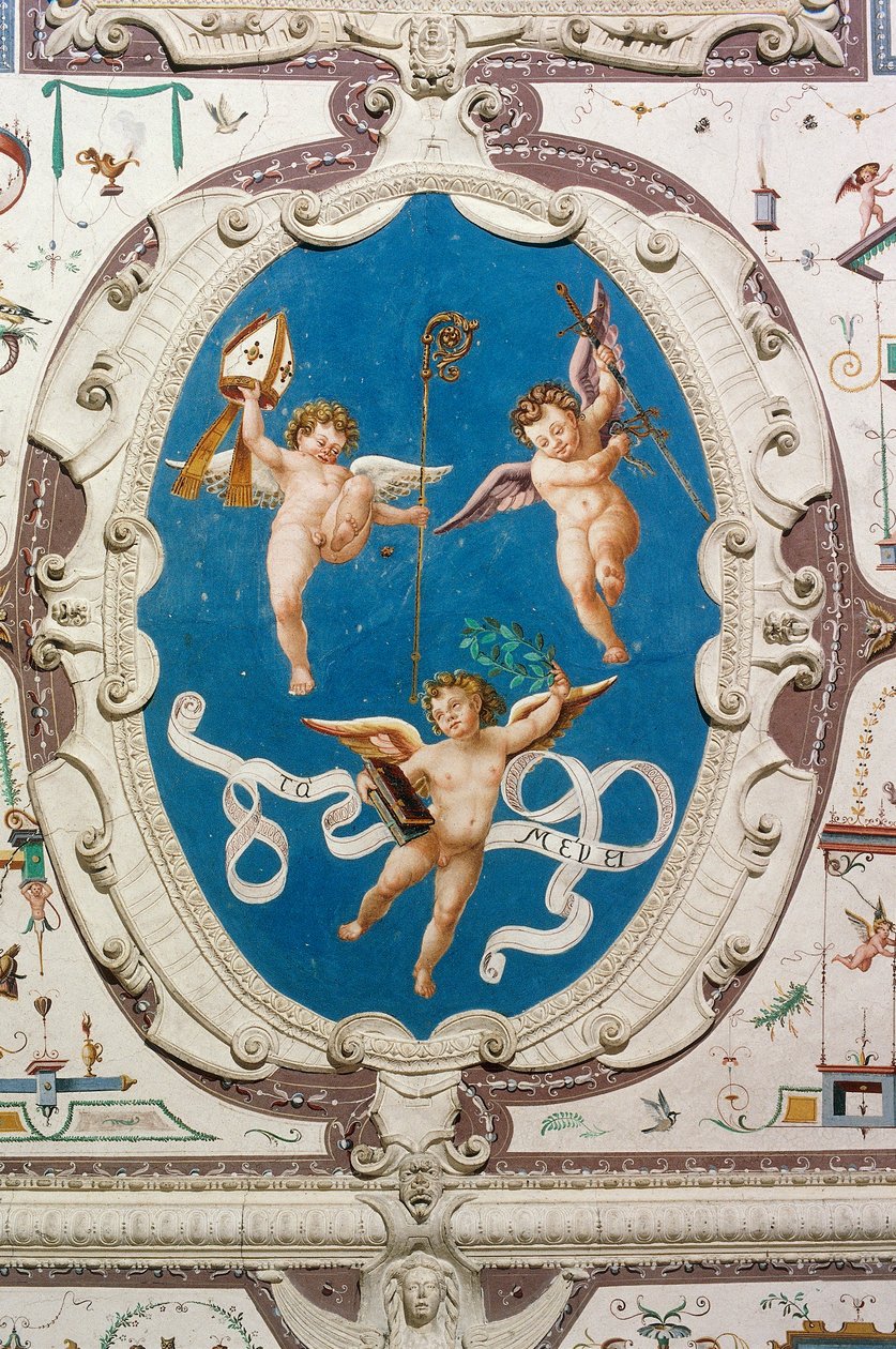 Oval som viser tre putti (1560), detalj av Hall of Grotesques