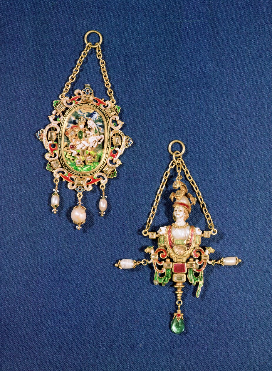 Oval anhengjuvel som viser St. George som dreper dragen, nordeuropeisk, ca. 1600; Anhengjuvel i form av en byste av Minerva, sørtysk, ca. 1570 av Unbekannt
