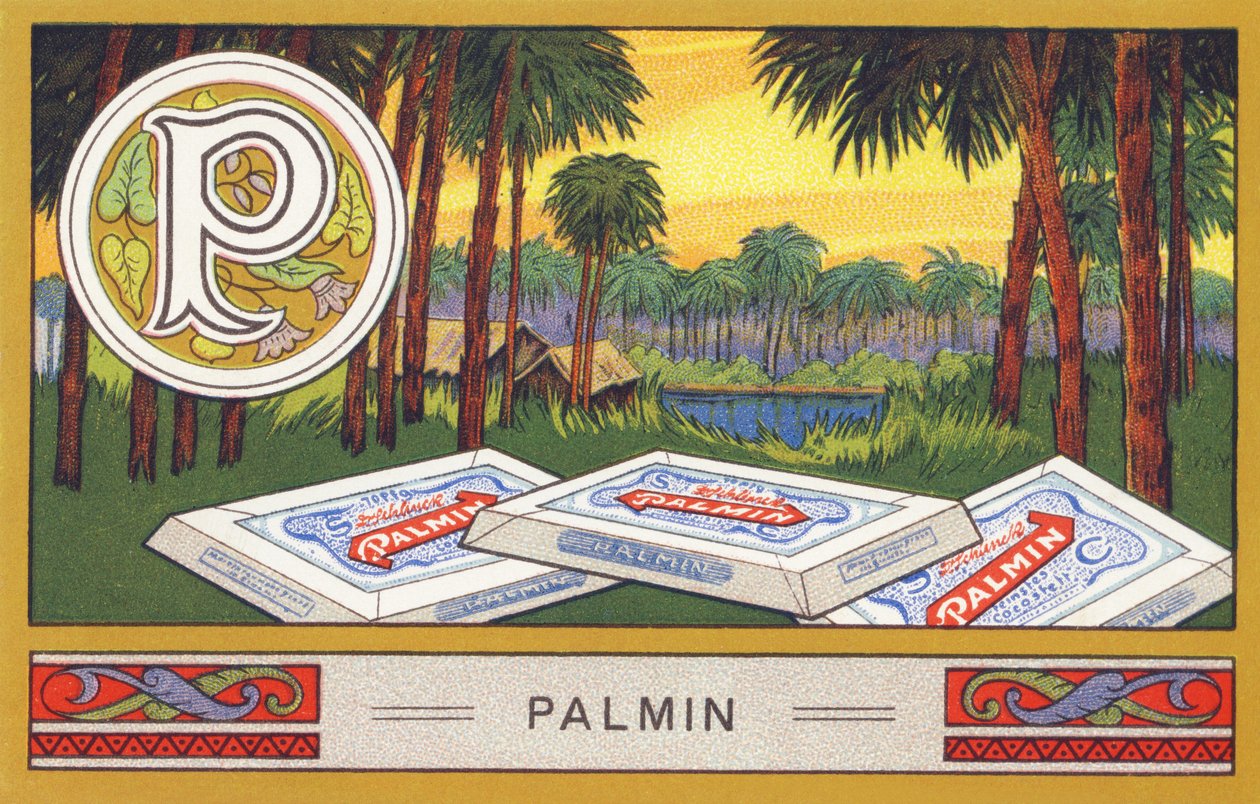 P : Palmine - Alfabet Palmine. Serie med kromolitografier redigert av H. Schlinck & Cie, Hamburg, s. d. . Annonse for Palmins fineste kokosfett. Mål: 7 x 11 cm av William M. Timlin