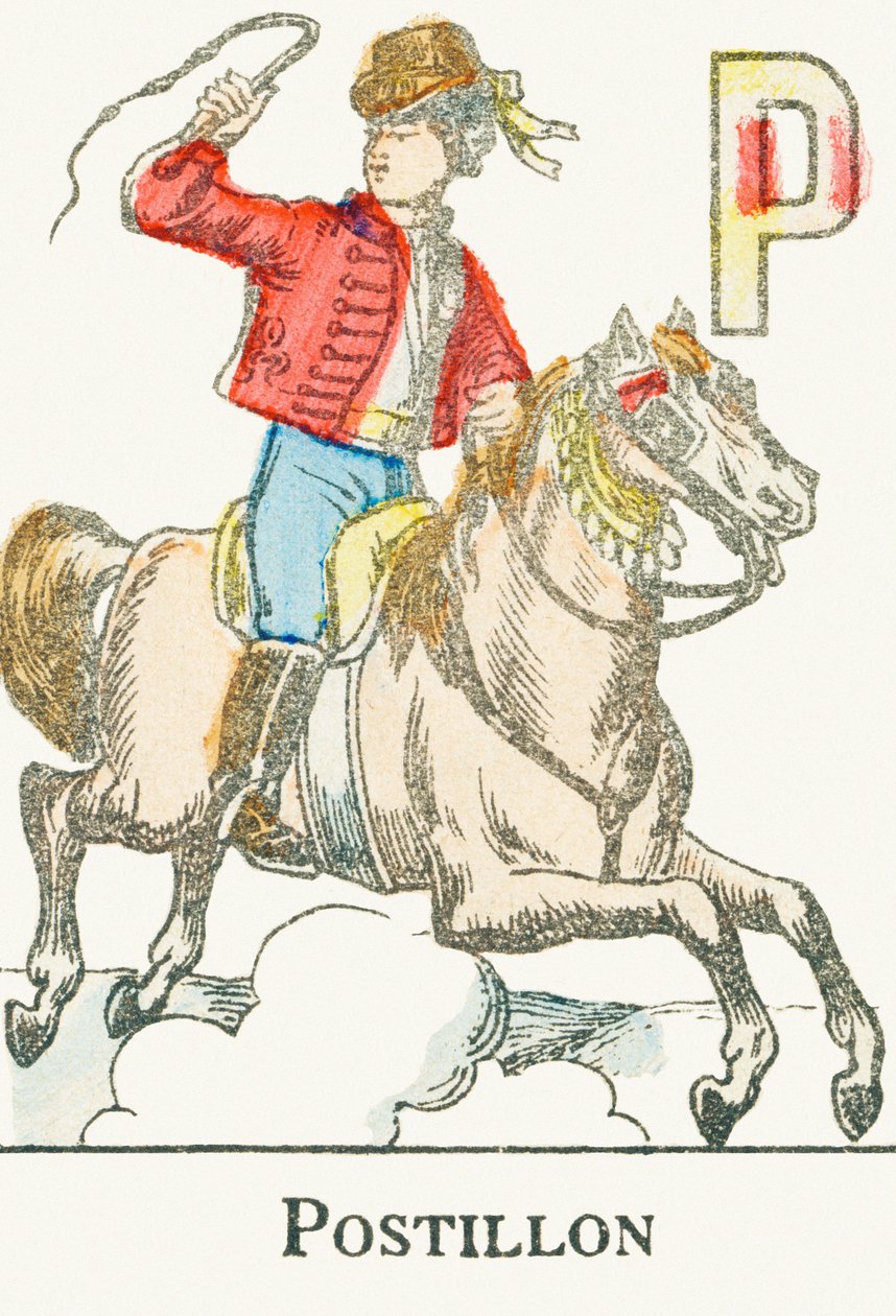 P: Postilion, en ung rytter i kosakkdrakt - Gravering fra "Alphabet des jeux", ca 1890 av Unbekannt