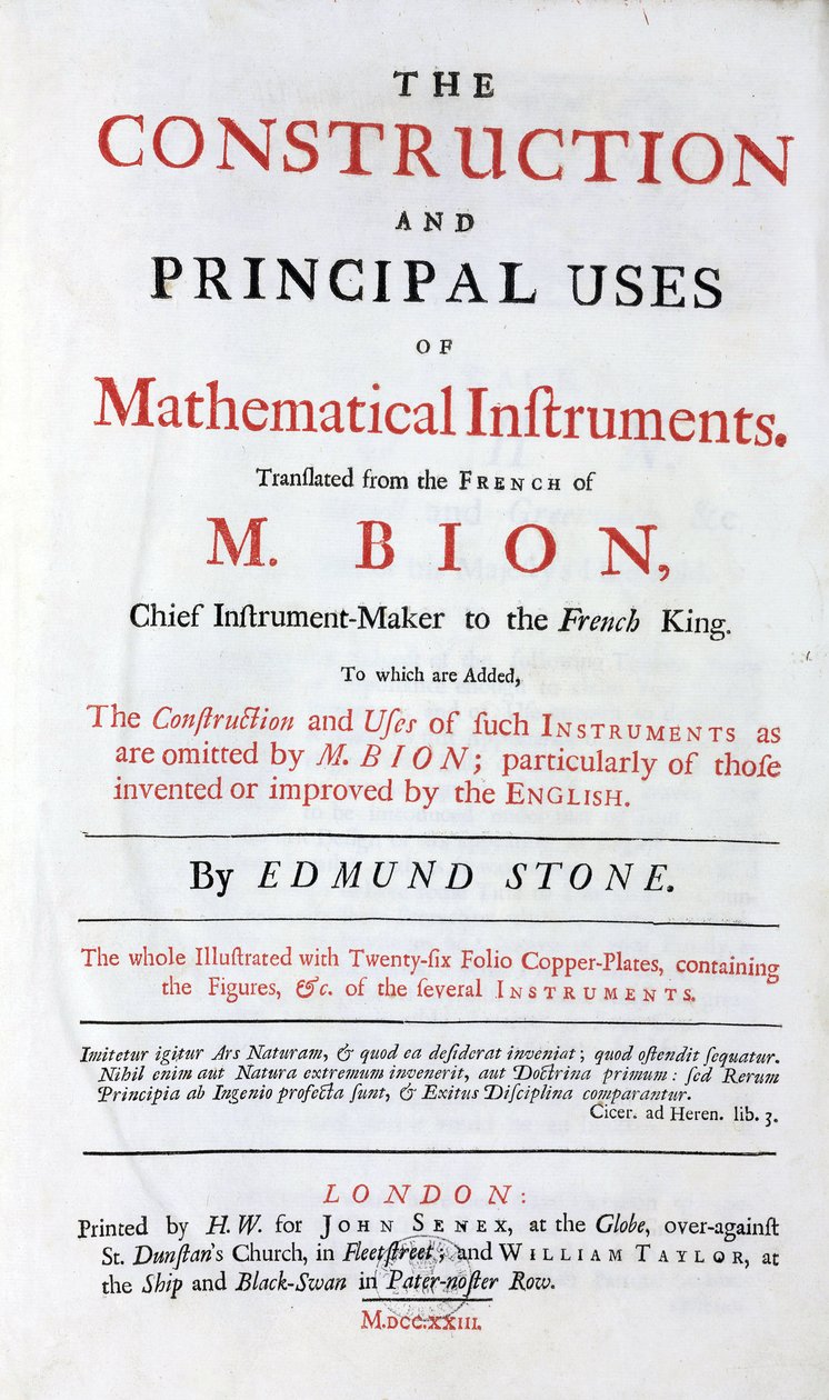 Tittelside til boken av Nicolas Bion (1652-1933) om matematiske instrumenter, engelsk oversettelse, med tillegg av "Engelske forbedringer", utgitt i London i 1723 av Unbekannt