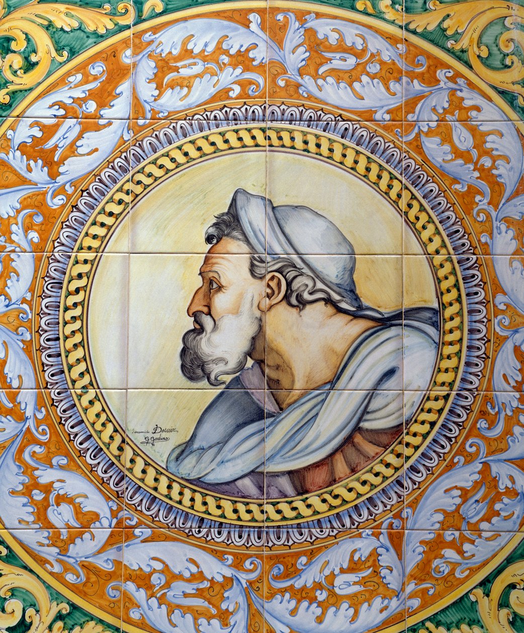 Malt maiolica-panel som viser en gammel manns hode i stil med Michelangelo, laget av Ceramiche Desuir, Santo Stefano di Camastra, Sicilia, Italia, Detalj av William M. Timlin