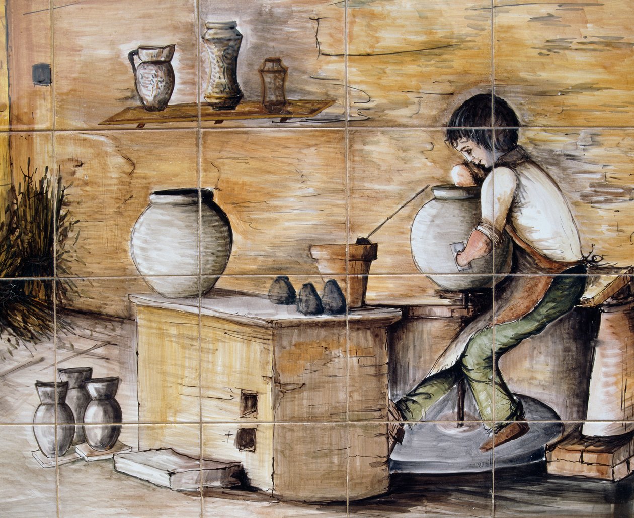 Malt maiolica-panel som viser scene for keramikkfremstilling, håndlaget av Ceramiche Desuir, Santo Stefano di Camastra, Sicilia, Italia, Detalj av William M. Timlin