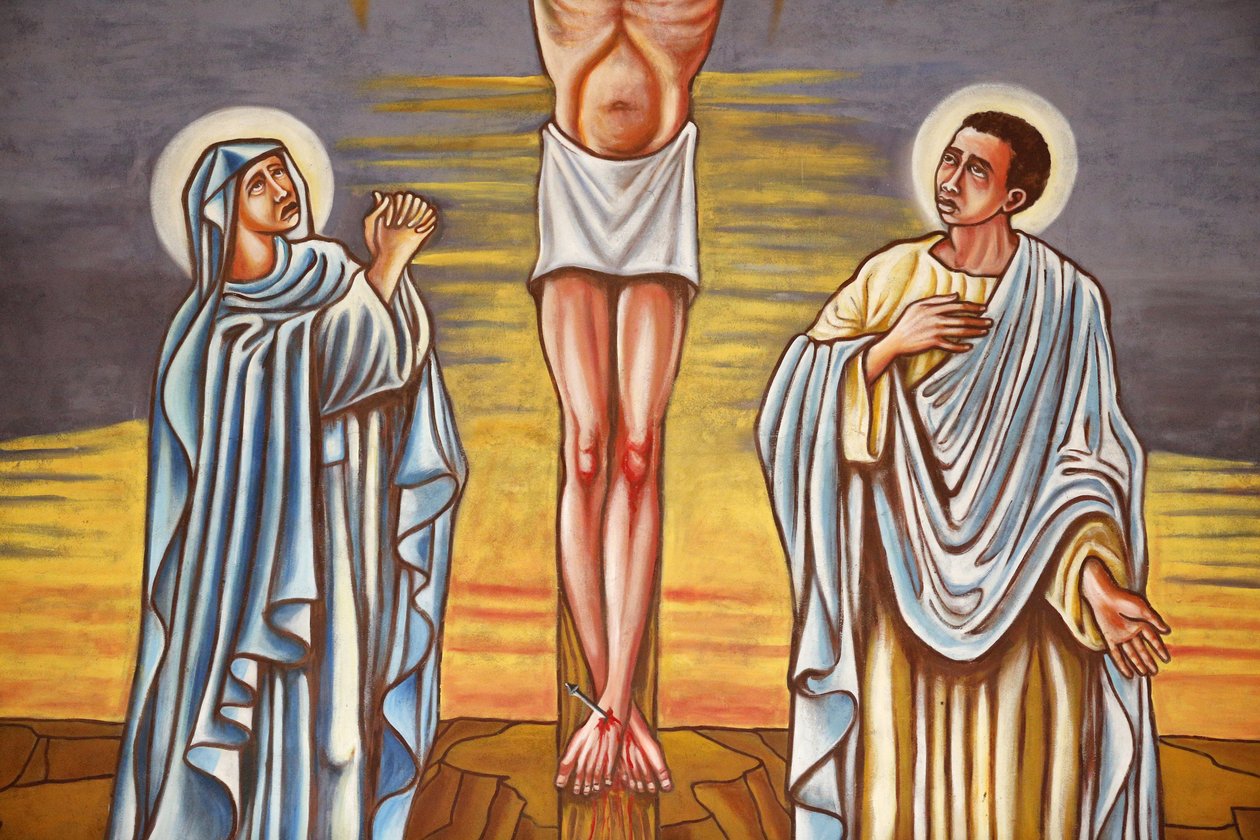 Maleri. Jesu Kristi korsfestelse. Jomfru Maria og Johannes, Aneho, Togo av Unbekannt