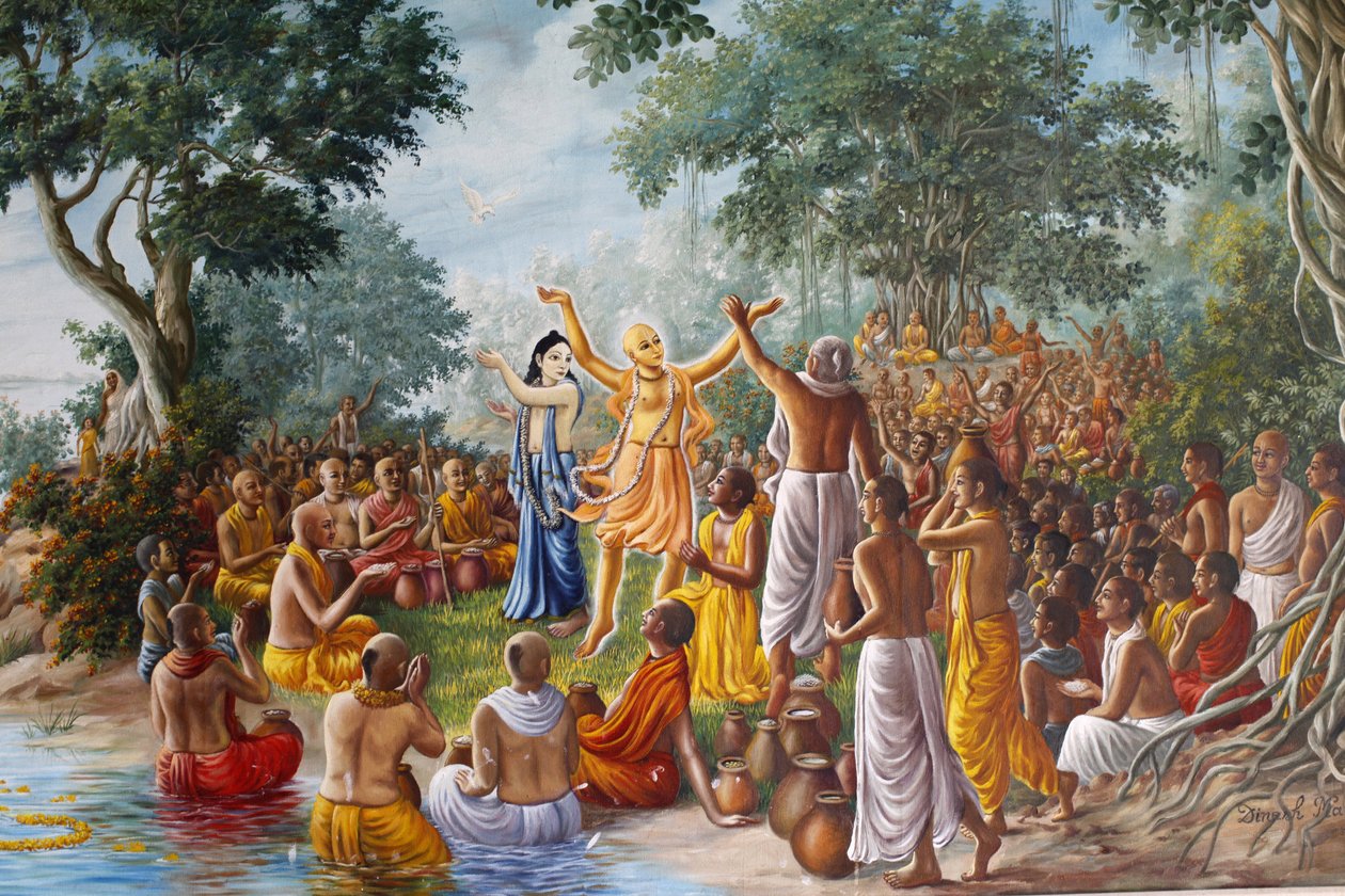 Maleri på Bhaktivedanta Manor som viser Lord Caitanya, Lord Nityananda og deres tilhengere ved bredden av elven Ganges. av Unbekannt