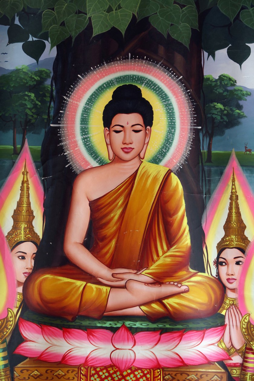 Maleri som viser Buddha som mediterer Udong Cambodge av Unbekannt