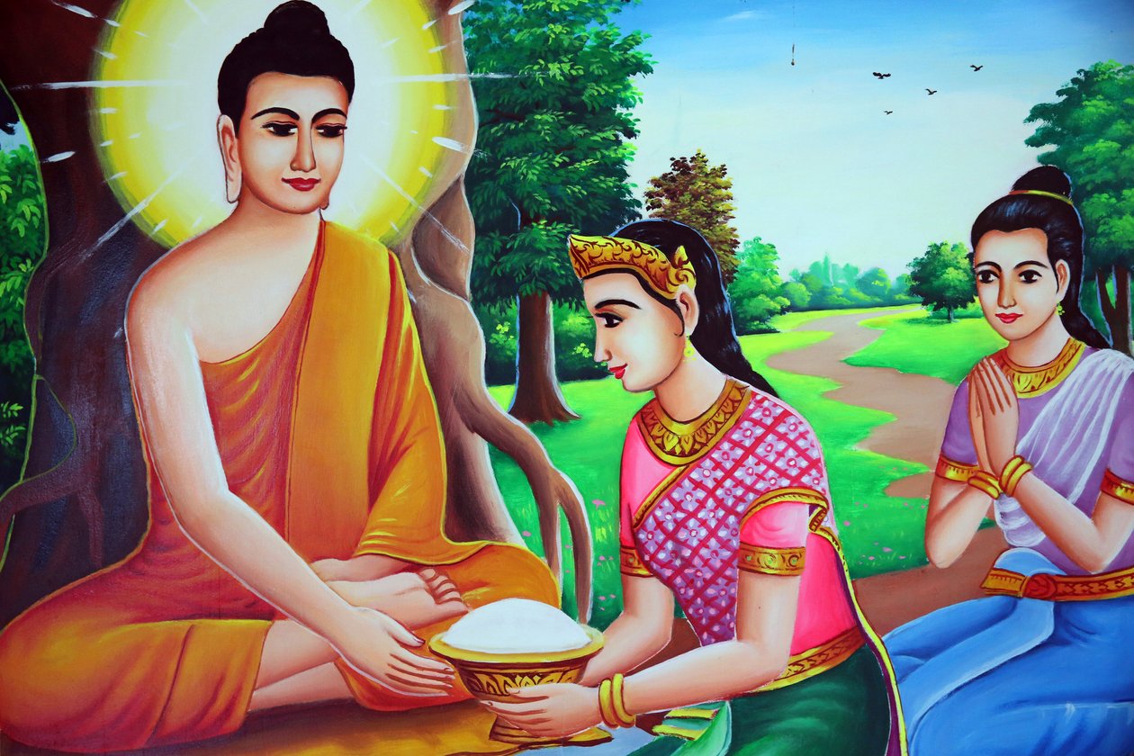 Maleri som viser Buddha som mottar tilbud. Kambodsja av Unbekannt