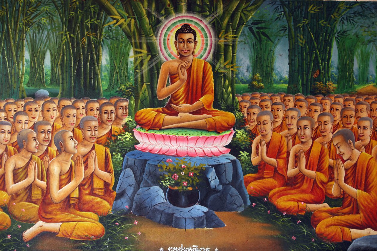 Maleri som viser Buddha-undervisning til munkene Udong Cambodge av Unbekannt