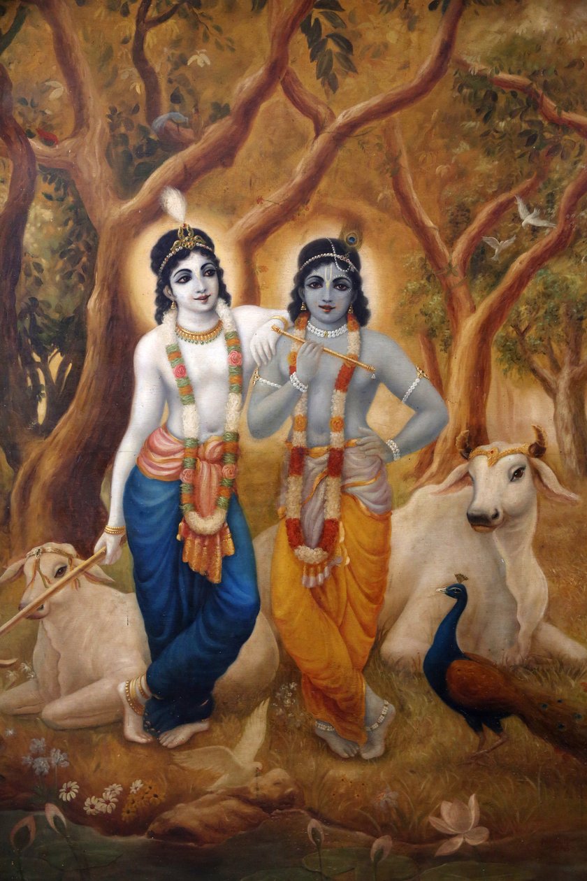 Maleri som viser hinduguden Krishna som står ved siden av broren Balaram. India av Unbekannt