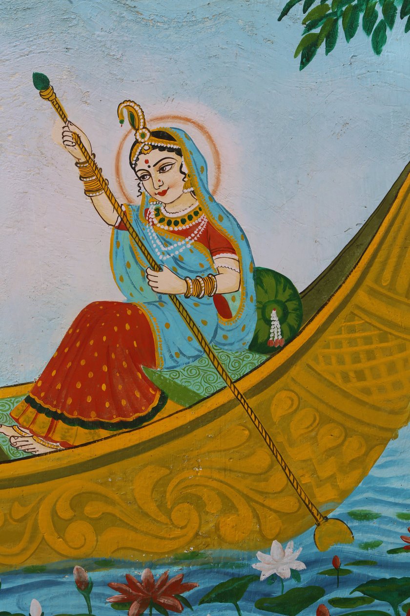 Maleri som viser Sri Radha (Krishnas konsort) som ror en båt. India av Unbekannt