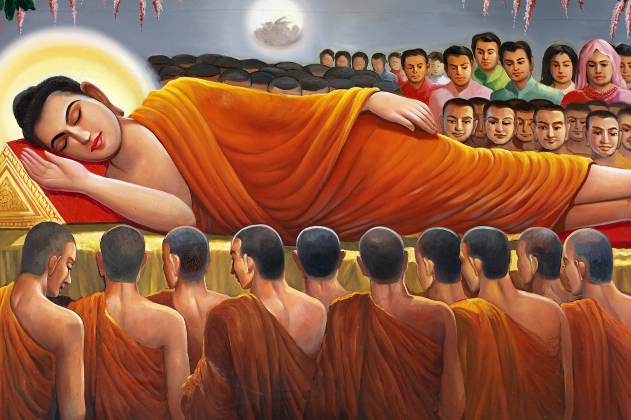 Maleri som viser en liggende Buddha i Wat Toul Tompong Phnom Penh Cambodge av Unbekannt
