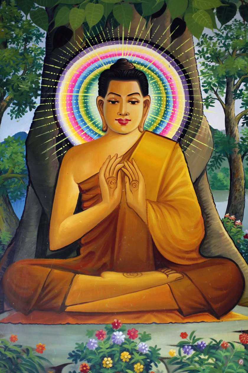Maleri som viser en sittende Buddha i Wat Than Phnom Penh Cambodge av Unbekannt
