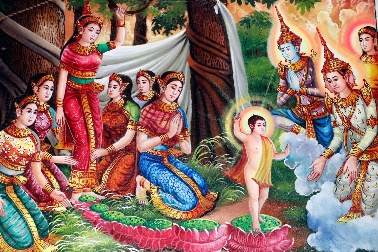 Maleri som skildrer livshistorien til Shakyamuni Buddha. Buddhas fødsel i Lumbini-lunden. Kep. Kambodsja. (bilde) av Unbekannt
