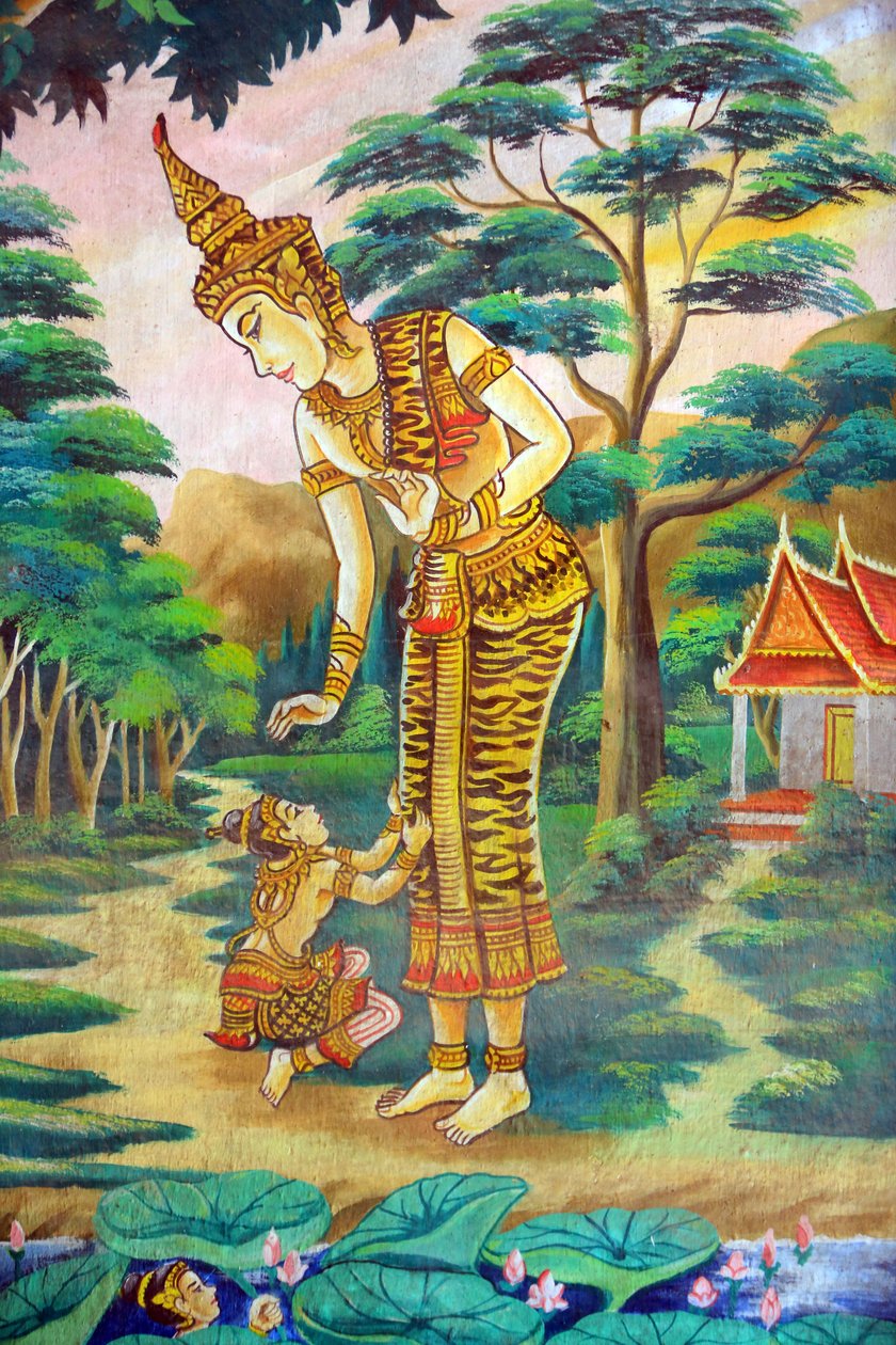 Maleri som skildrer livshistorien til Shakyamuni Buddha. Wat Naxai. Vientiane. Laos, 20151106, Vientiane, Laos av Unbekannt