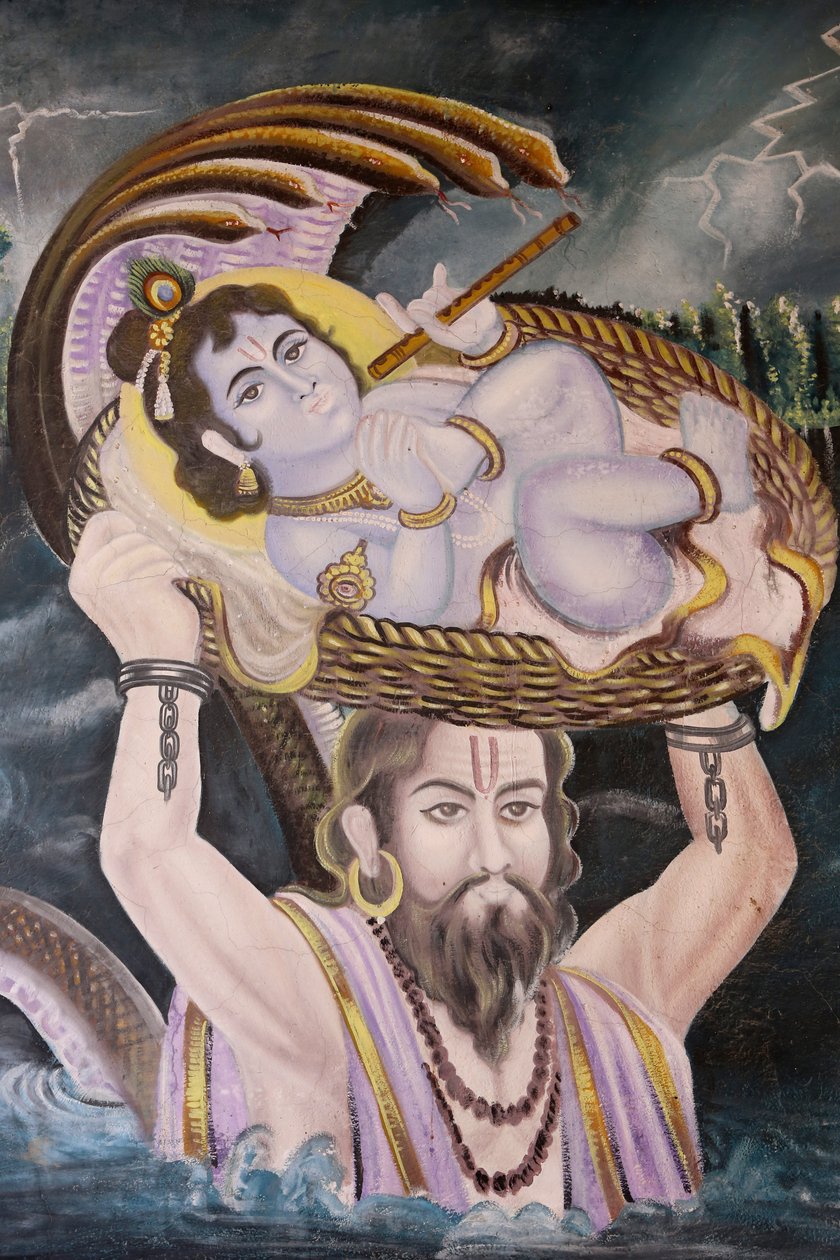 Maleri i Gokul: Krishna som baby båret over Yamuna-elven av Vasudeva. India av Unbekannt