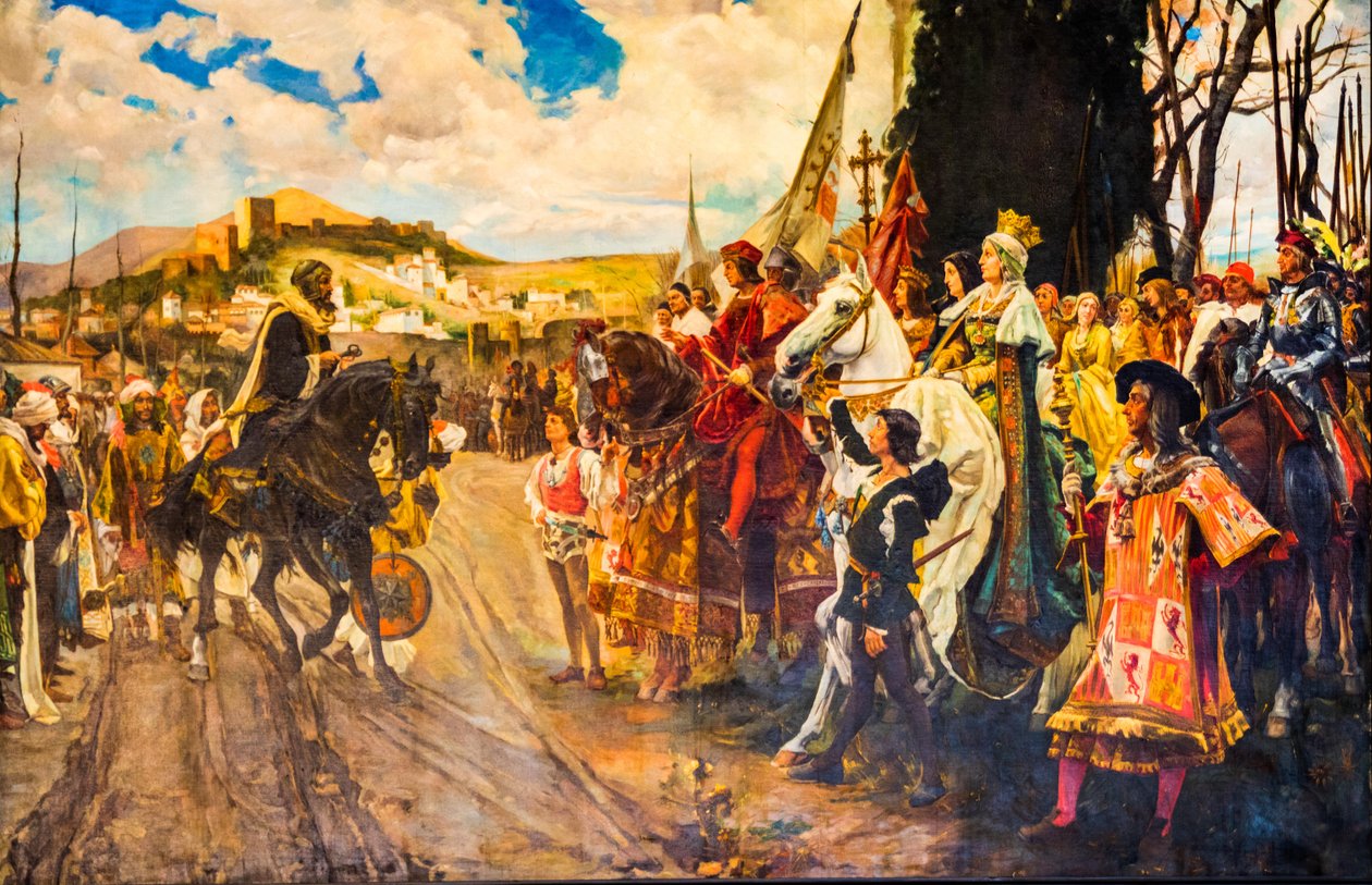 Maleri av maurerne som overlater nøklene til kong Isabella, Capilla Real-gravkapellet til de katolske monarkene Isabella I og Ferdinand II, Granada, Andalusia, Spania, Europa (bilde) av Unbekannter Künstler