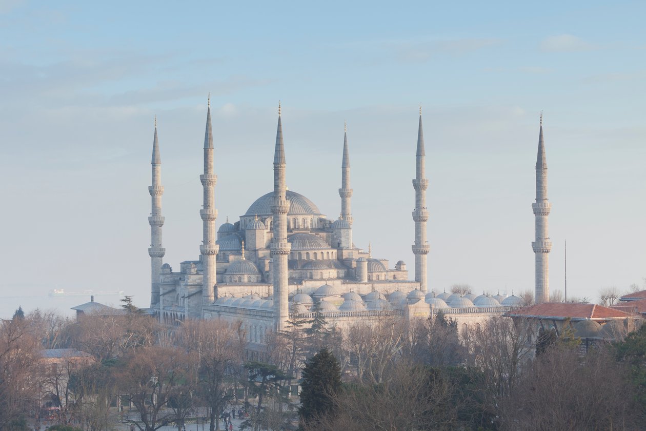 Panoramautsikt over den blå moskeen like før solnedgang, Istanbul, Tyrkia (bilde) av Unbekannter Künstler