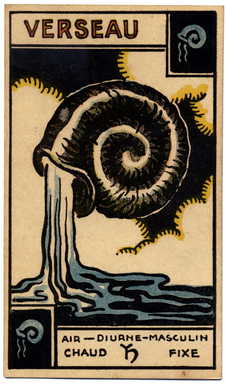 Paranormalt. Astrologi. Vannmannen (vannbæreren). Astrologisk kort fra: Le Tarot Astrologique (Astrologisk Tarot), av Georges Muchery, Frankrike av Unbekannter Künstler