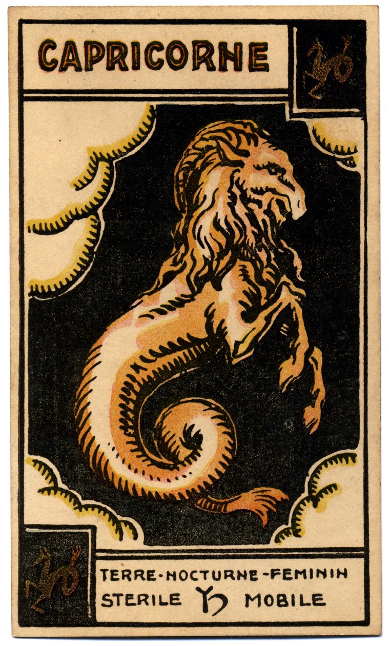 Paranormalt. Astrologi. Steinbukken (havet fikk). Astrologisk kort fra: Le Tarot Astrologique (Astrologisk Tarot), av Georges Muchery, Frankrike av Unbekannter Künstler
