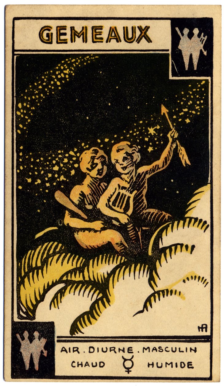 Paranormalt. Astrologi. Tvillingene (tvillingene). Astrologisk kort fra: Le Tarot Astrologique (Astrologisk Tarot), av Georges Muchery, Frankrike av Unbekannter Künstler