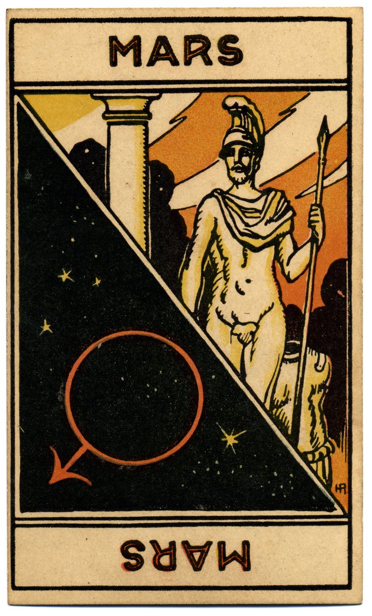 Paranormalt. Astrologi. Mars (planet). Astrologisk kort fra: Le Tarot Astrologique (Astrologisk Tarot), av Georges Muchery, Frankrike av Unbekannter Künstler