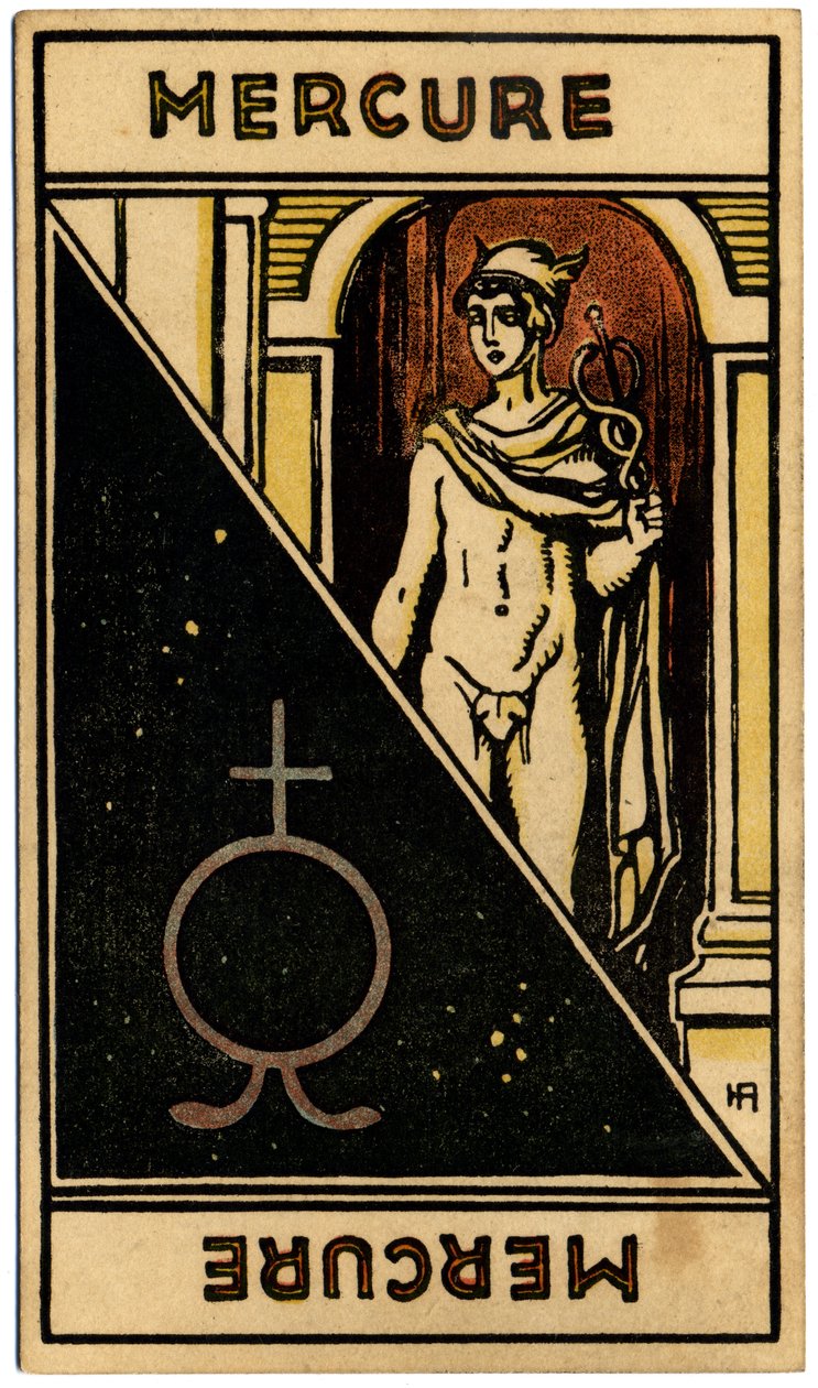 Paranormalt. Astrologi. Merkur (planet). Astrologisk kort fra: Le Tarot Astrologique (Astrologisk Tarot), av Georges Muchery, Frankrike av Unbekannter Künstler