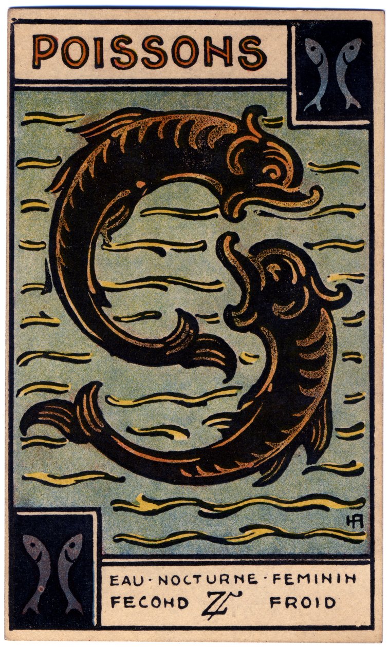 Paranormalt. Astrologi. Fiskene (fisken). Astrologisk kort fra: Le Tarot Astrologique (Astrologisk Tarot), av Georges Muchery, Frankrike av Unbekannter Künstler