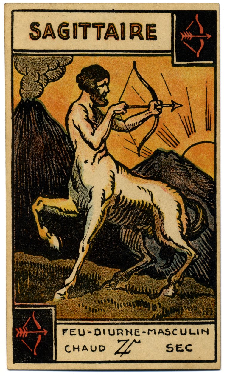 Paranormalt. Astrologi. Skytten (bueskytteren). Astrologisk kort fra: Le Tarot Astrologique (Astrologisk Tarot), av Georges Muchery, Frankrike av Unbekannter Künstler