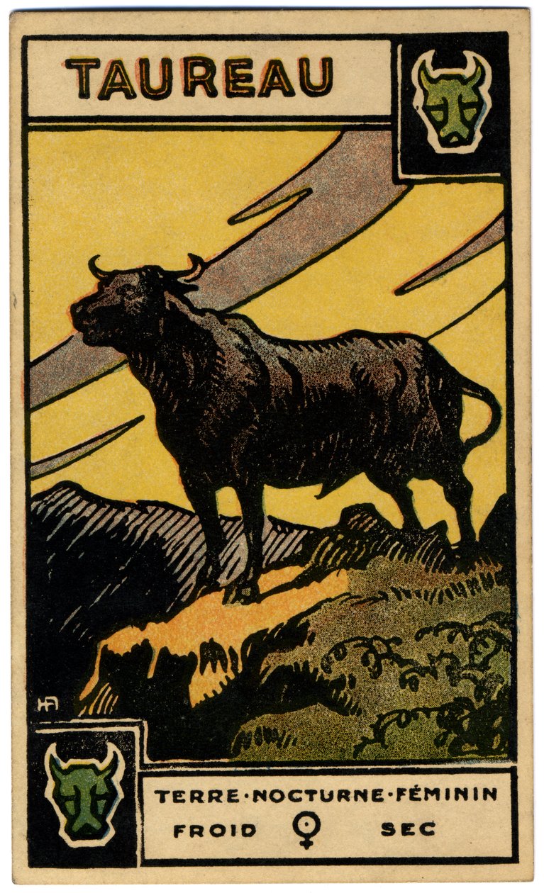Paranormalt. Astrologi. Tyren (oksen). Astrologisk kort fra: Le Tarot Astrologique (Astrologisk Tarot), av Georges Muchery, Frankrike av Unbekannter Künstler