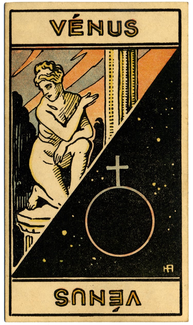 Paranormalt. Astrologi. Venus (planet). Astrologisk kort fra: Le Tarot Astrologique (Astrologisk Tarot), av Georges Muchery, Frankrike av Unbekannter Künstler