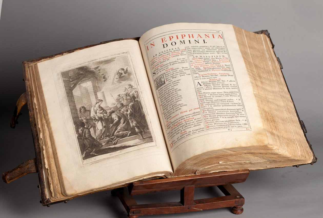 Menighetsmuseum. Missal på latin. Graveringer fra Joachim Ballester. Papir og lær. 18. århundre. av Unbekannt