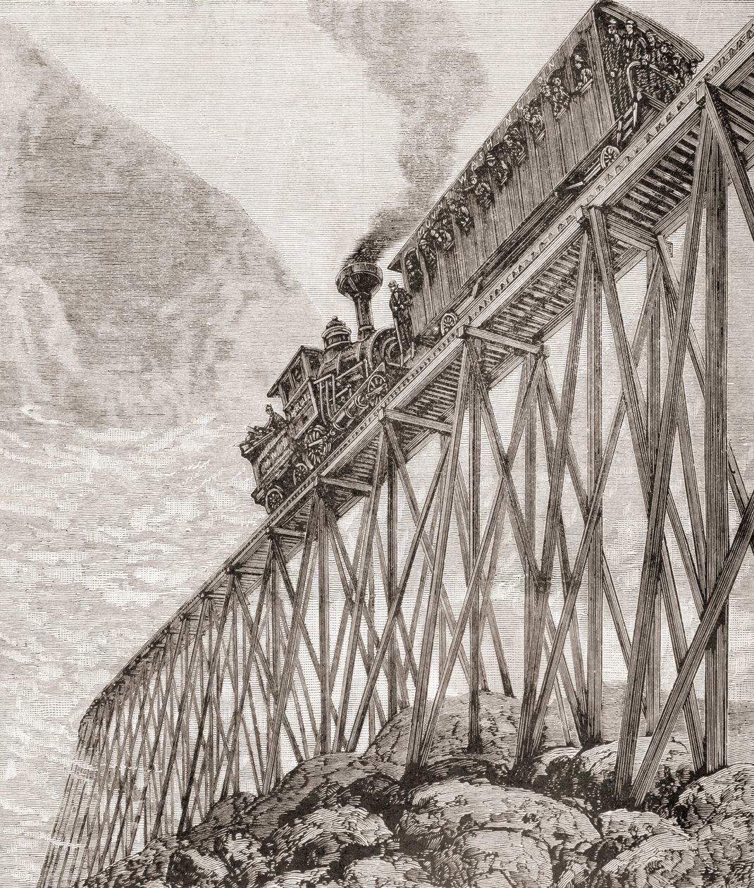 Del av en fire kilometer lang jernbane i New Hampshire, USA, bygget for rekreasjonsturer og for passasjerer å nyte panoramautsikt, ca. 1880, fra 