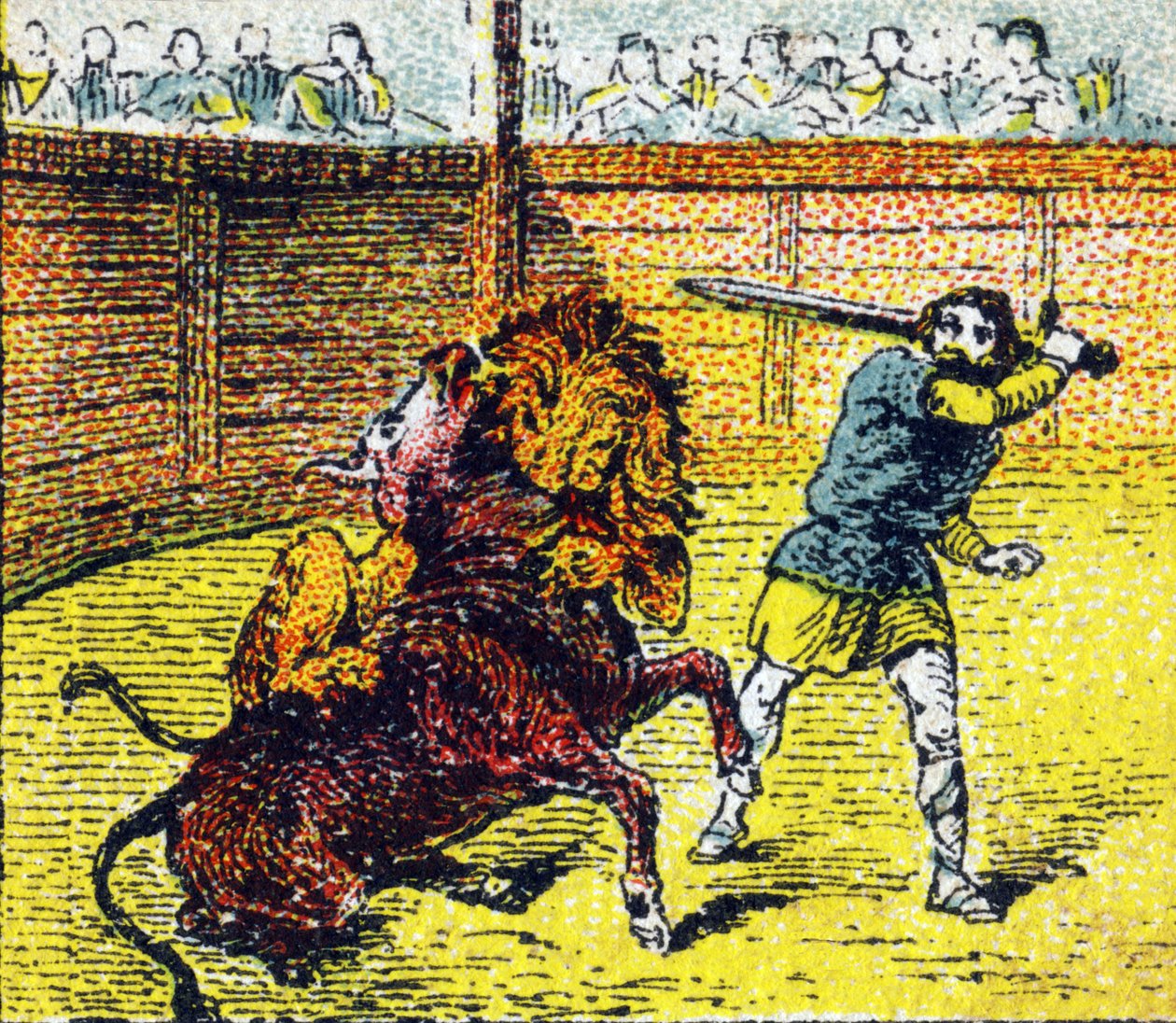 Pepin Le Brief går ned i arenaen for å skyte ned løven som nettopp hadde hoppet på halsen på oksen. Gravering i "Histoire de France". Serie med reklamebilder publisert på vegne av Louit, 24 rue d