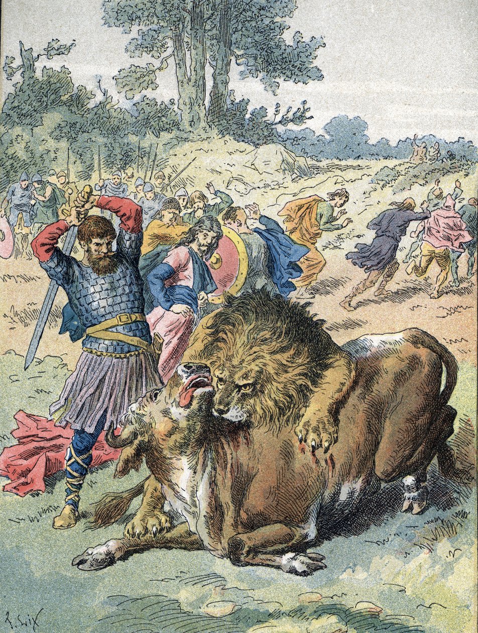 Pepin the Brief kjemper mot en løve og en okse på Champ de Mars for å bevise sitt mot (751) av Unbekannter Künstler