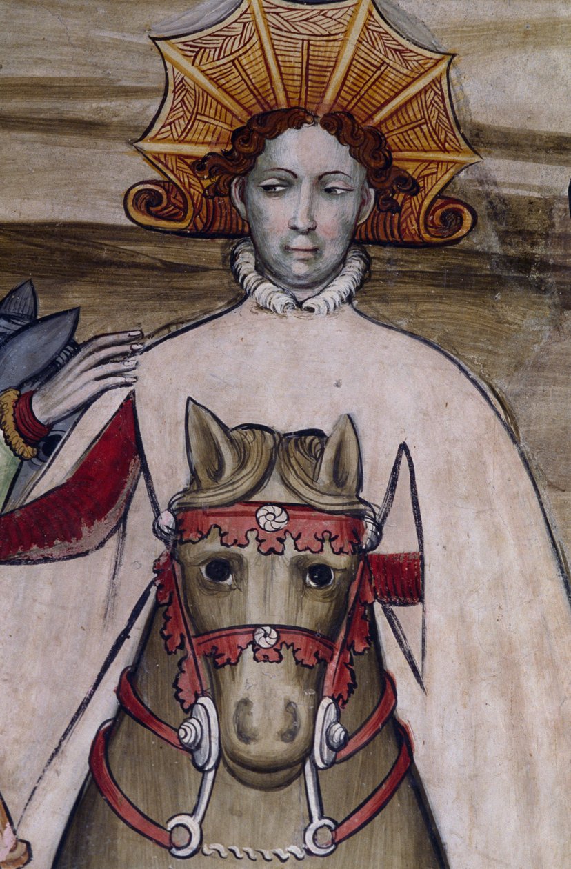 Person på hesteryggen, detalj fra freskomaleri i Manta Castle (1400-tallet), Saluzzo, Piemonte, Italia av Benjamin Baud