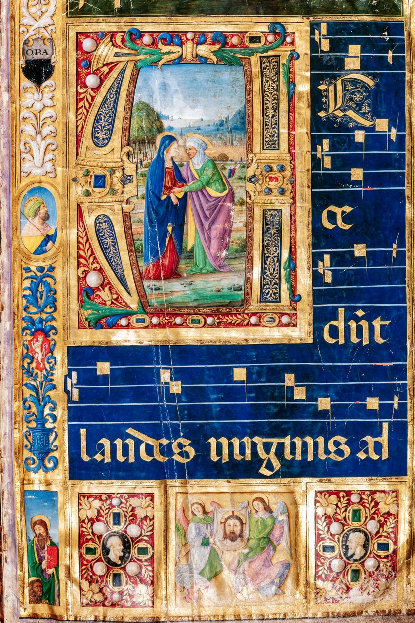 Piccolomini bibliotek: Korbok, torsk. 14.P., ff. 2r med "The Visitation of Mary and St. Mary". Elizabeth, av Giovanni di Giuliano Boccardi, kjent som Boccardino den eldste. Detalj. av Unbekannter Künstler